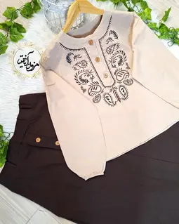 ست شومیز و دامن کرم قهوه ای طرح بته جقه ستیا