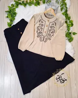 ست شومیز و دامن کرم مشکی طرح بته جقه ستیا