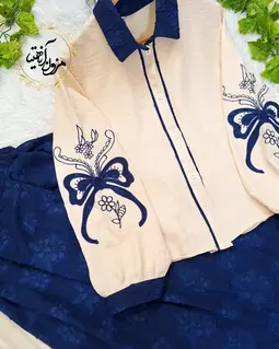 ست شومیز و دامن گلدار کرم سرمه ای طرح گلدوزی پاپیون