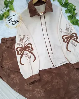 ست شومیز و دامن گلدار کرم شکلاتی طرح گلدوزی پاپیون