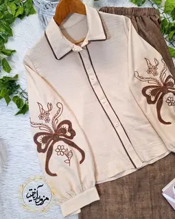 ست شومیز و شلوار بگ شکلاتی طرح گلدوزی پاپیون