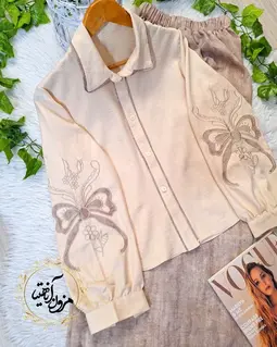 ست شومیز و شلوار بگ کرم نسکافه ای طرح گلدوزی پاپیون