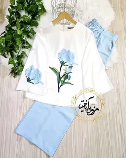 ست شومیز و شلوار سفید آبی آسمانی طرح رز
