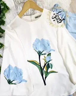 ست شومیز و شلوار سفید آبی آسمانی طرح رز