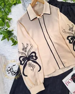 ست شومیز و شلوار نسکافه ای زغالی طرح گلدوزی پاپیون