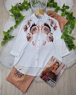 شومیز مجلسی سفید طرح شقایق نسکافه ای