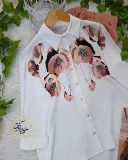 شومیز مجلسی سفید طرح شقایق نسکافه ای