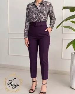 شلوار زنانه جیب نما بادمجونی تیره طرح با کمربند دانیلا