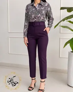 شلوار زنانه جیب نما بنفش طرح با کمربند دانیلا