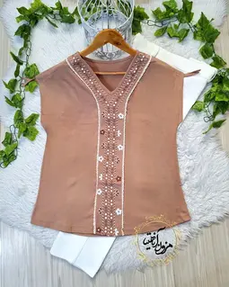 شومیز آستین افتاده نسکافه ای طرح یراق دوزی