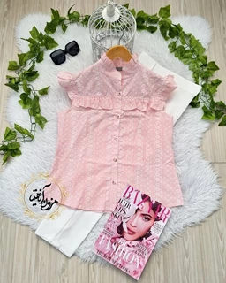 شومیز آستین حلقه صورتی طرح ریسه گل سودابه