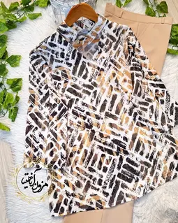 شومیز آستین سه دکمه سفید طرح خطی نسکافه ای ونوشه