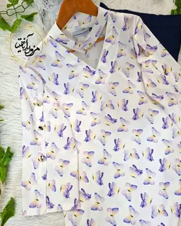 شومیز آستین سه دکمه سفید طرح پروانه های یاسی سپیدار