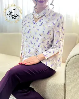 شومیز آستین سه دکمه سفید طرح پروانه های یاسی سپیدار