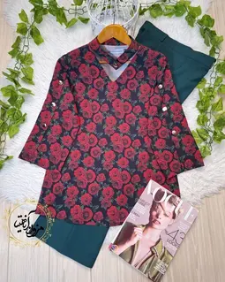 شومیز آستین سه دکمه مشکی طرح رزهای قرمز آناگل