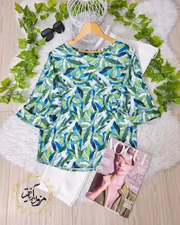 شومیز آستین سه ربع سفید طرح خطی آبرنگی سبز ویرا