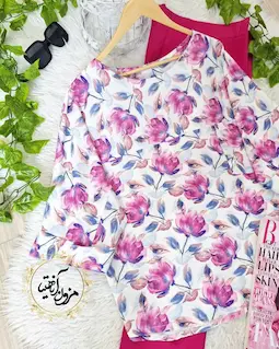 شومیز آستین سه ربع سفید طرح گلهای سرخابی رزان