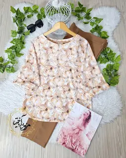 شومیز آستین سه ربع طرح گلدار کرم نسکافه ای تیناز