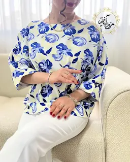 شومیز آستین سه ربع لیمویی طرح گلهای بنفش آبی دلیا