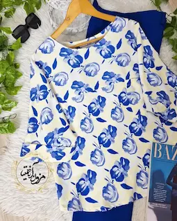 شومیز آستین سه ربع لیمویی طرح گلهای بنفش آبی دلیا