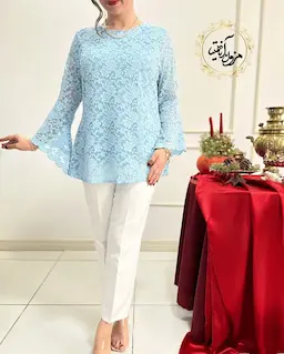 شومیز آستین شمشیری آبی طرح گیپور زرین