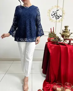 شومیز آستین شمشیری سرمه ای طرح گیپور زرین