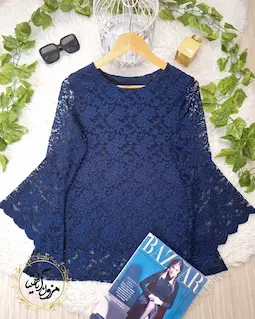 شومیز آستین شمشیری سرمه ای طرح گیپور زرین