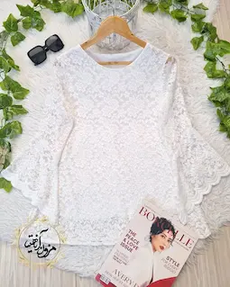 شومیز آستین شمشیری سفید طرح گیپور زرین