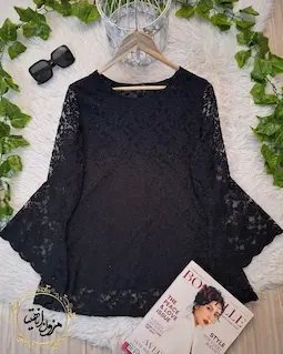 شومیز آستین شمشیری مشکی طرح گیپور زرین