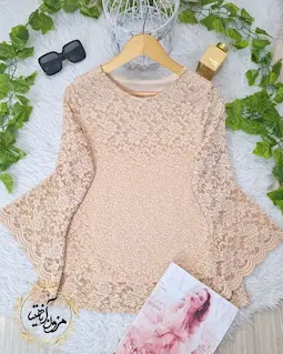 شومیز آستین شمشیری نسکافه ای طرح گیپور زرین