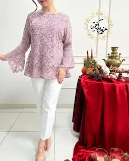 شومیز آستین شمیشیری پوست پیازی تیره طرح گیپور زرین