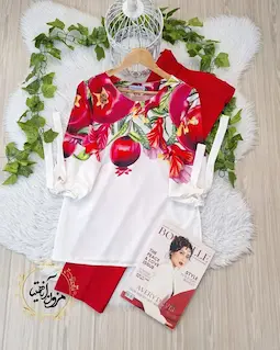 شومیز آستین واشری ریزشی سفید طرح انار درشت ناروین