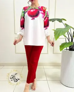 شومیز آستین واشری ریزشی سفید طرح انار درشت ناروین