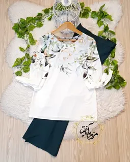 شومیز آستین واشری ریزشی سفید طرح برگ سبز و رز کرم نامیلا