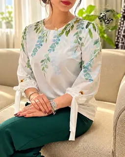 شومیز آستین واشری ریزشی سفید طرح برگ های اکالیپتوس آبرنگی برگینا