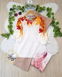 شومیز آستین واشری ریزشی سفید طرح برگهای پاییزی پارمیدا سایز-4-تخفیفی