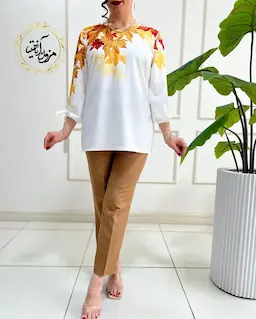 شومیز آستین واشری ریزشی سفید طرح برگهای پاییزی پارمیدا