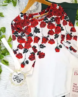 شومیز آستین واشری ریزشی سفید طرح رز قرمز مینا