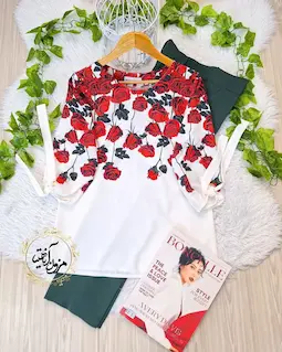 شومیز آستین واشری ریزشی سفید طرح رز قرمز مینا