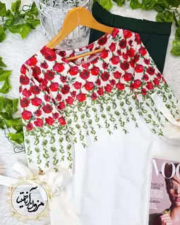 شومیز آستین واشری ریزشی سفید طرح ریسه گل رز قرمز پادینا