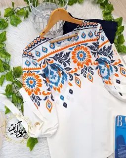 شومیز آستین واشری ریزشی سفید طرح سنتی رنگی رومینا