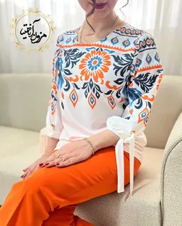 شومیز آستین واشری ریزشی سفید طرح سنتی رنگی رومینا