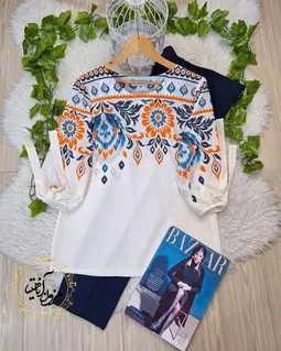 شومیز آستین واشری ریزشی سفید طرح سنتی رنگی رومینا