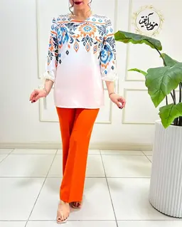 شومیز آستین واشری ریزشی سفید طرح سنتی رنگی رومینا