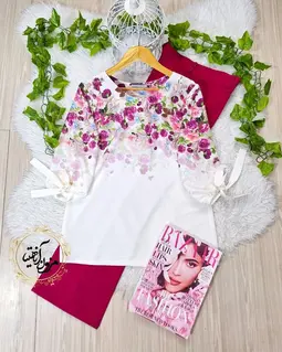 شومیز آستین واشری ریزشی سفید طرح مینی رزهای سرخابی ونسا