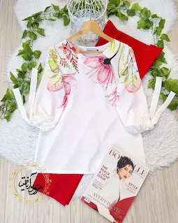 شومیز آستین واشری ریزشی سفید طرح گل لوتوس دیلان