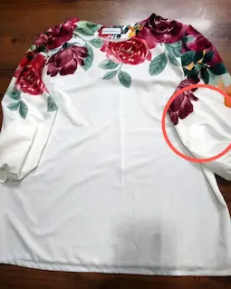 شومیز آستین واشری ریزشی سفید طرح گلهای بنفش و نارنجی روژیا سایز-6-تخفیفی