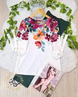 شومیز آستین واشری ریزشی سفید طرح گلهای بنفش و نارنجی روژیا سایز-6-تخفیفی