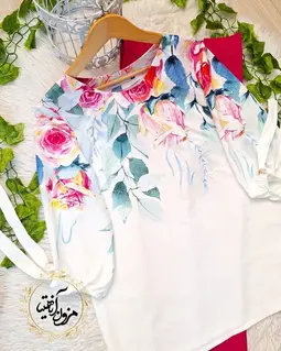 شومیز آستین واشری ریزشی سفید طرح گلهای رز آبرنگی آریانا