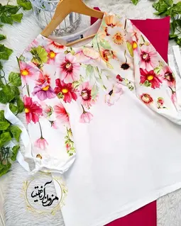 شومیز آستین واشری ریزشی سفید طرح گلهای رنگی گلیسا